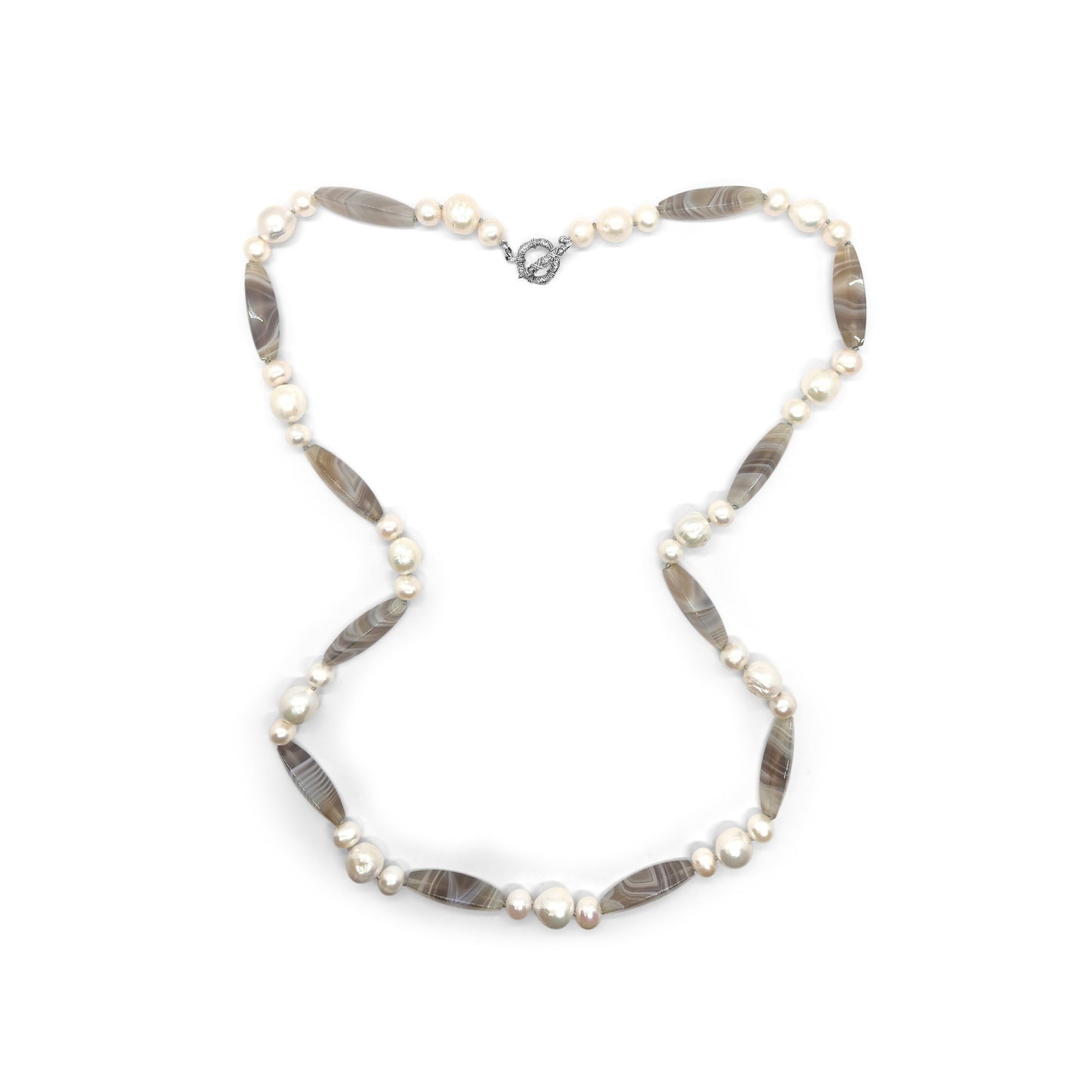 Terraquatic Natural Shaded Agate and Natural Pearl Necklace in Sterling Silver