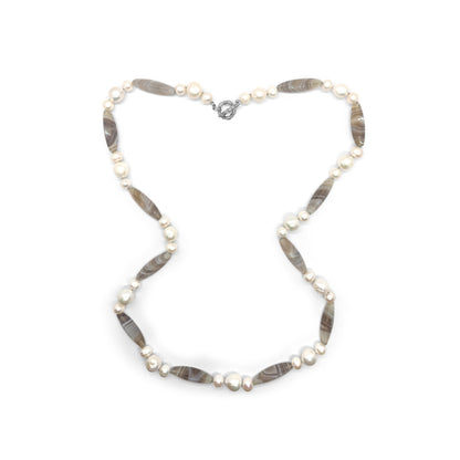 Terraquatic Natural Shaded Agate and Natural Pearl Necklace in Sterling Silver