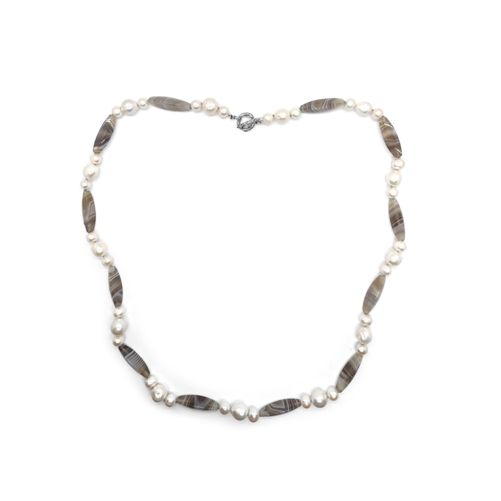 Terraquatic Natural Shaded Agate and Natural Pearl Necklace in Sterling Silver