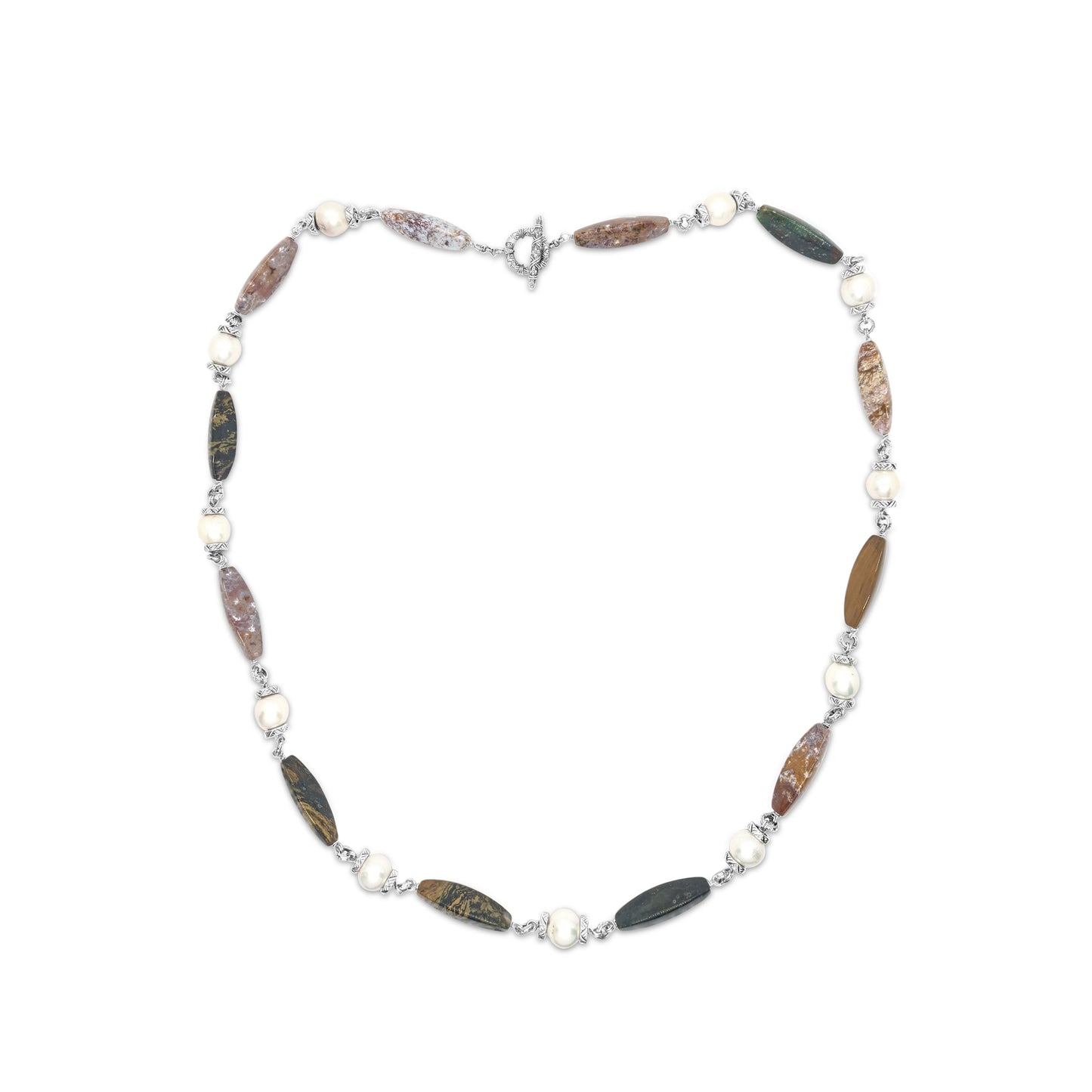 Terraquatic Necklace of Multihued Ocean Jasper Interspersed with White Baroque Pearls Sterling Silver Clasp