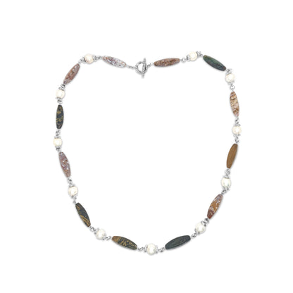 Terraquatic Necklace of Multihued Ocean Jasper Interspersed with White Baroque Pearls Sterling Silver Clasp