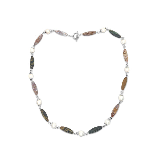 Terraquatic Necklace of Multihued Ocean Jasper Interspersed with White Baroque Pearls Sterling Silver Clasp