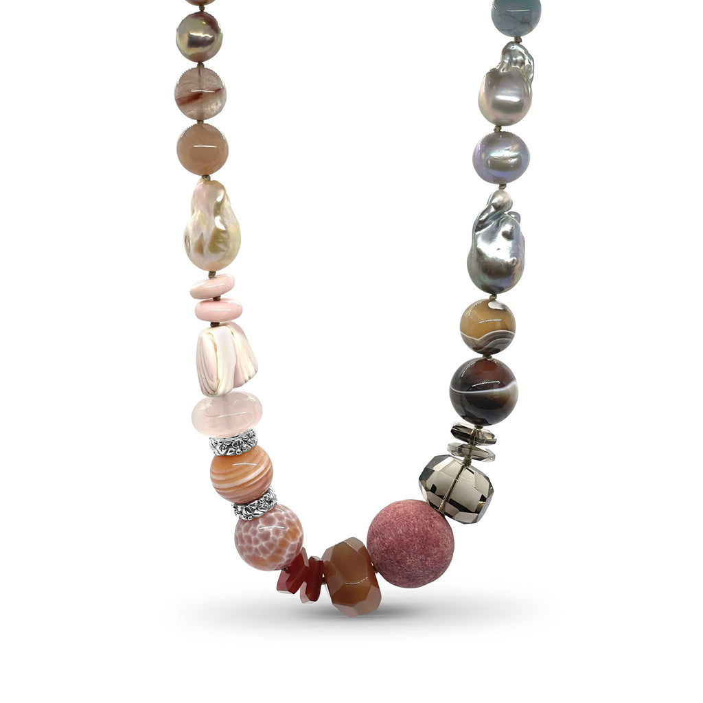 Terraquatic Multi-Hued Pearl Smoky Quartz Aquamarine Red Agate Pink Opal Red Hair Rutilated Quartz Apple Coral Botswana Agate Conch Carnelian and Rose Quartz Necklace in Sterling Silver