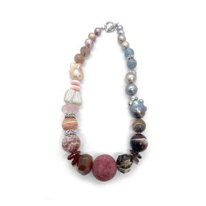 Terraquatic Multi-Hued Pearl Smoky Quartz Aquamarine Red Agate Pink Opal Red Hair Rutilated Quartz Apple Coral Botswana Agate Conch Carnelian and Rose Quartz Necklace in Sterling Silver