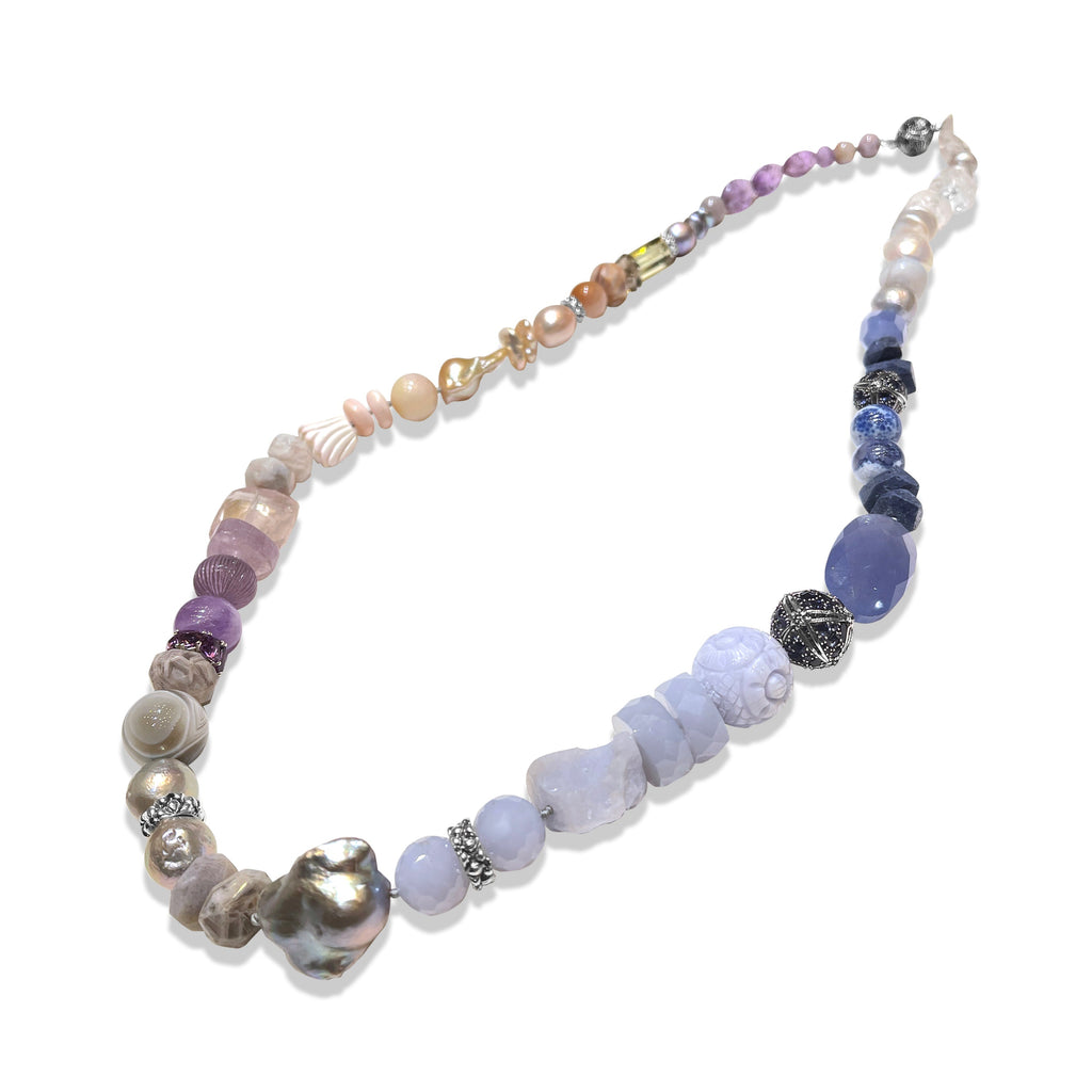 Terraquatic Chalcedony Blue Lace Agate Coral Herkimer Diamond Agate Multi-hued Pearl and Smoky Quartz Necklace in Sterling Silver