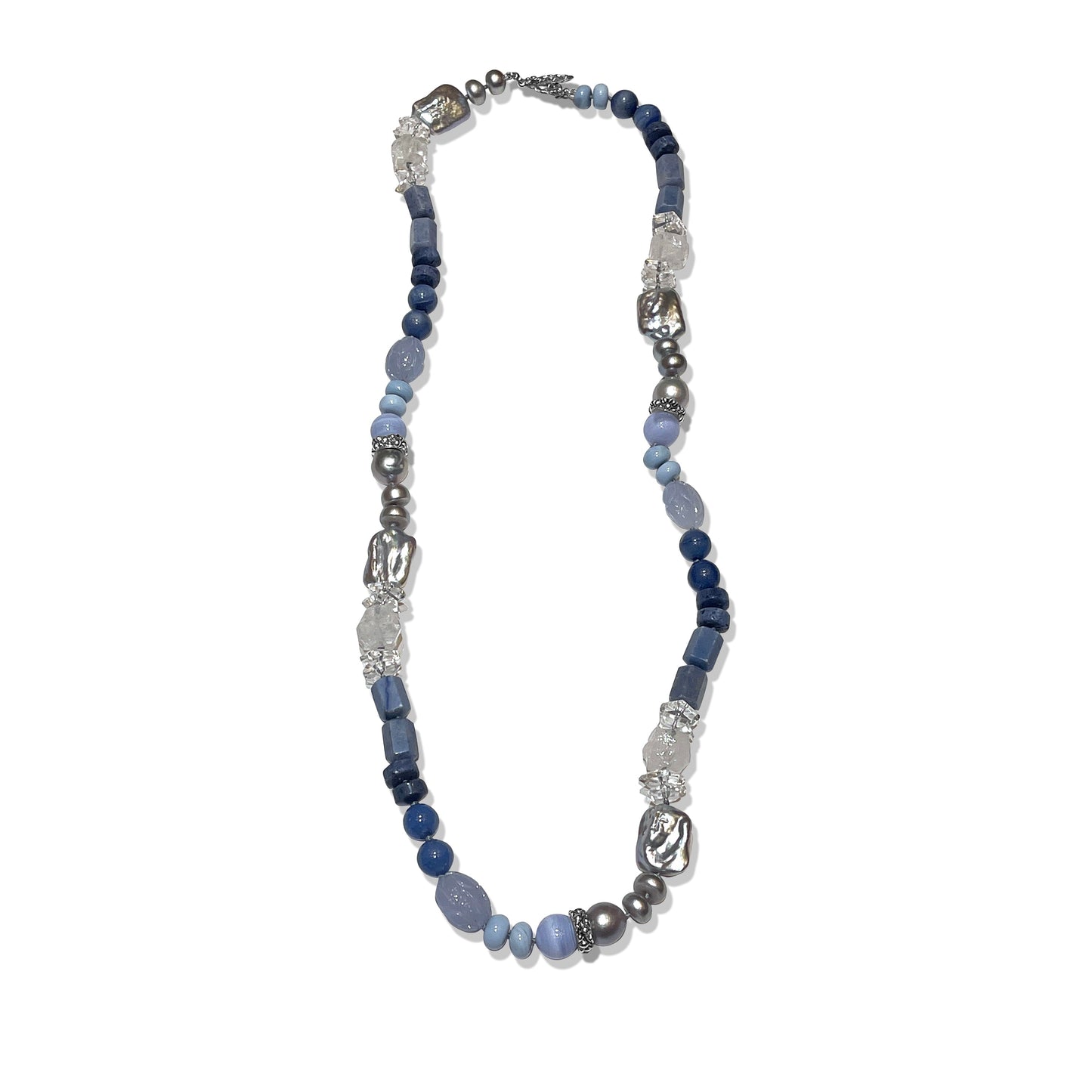Terraquatic Opal Aventurine Coral Blue Lace Agate Chalcedony Natural Quartz and Multi-hued Pearl Necklace in Sterling Silver