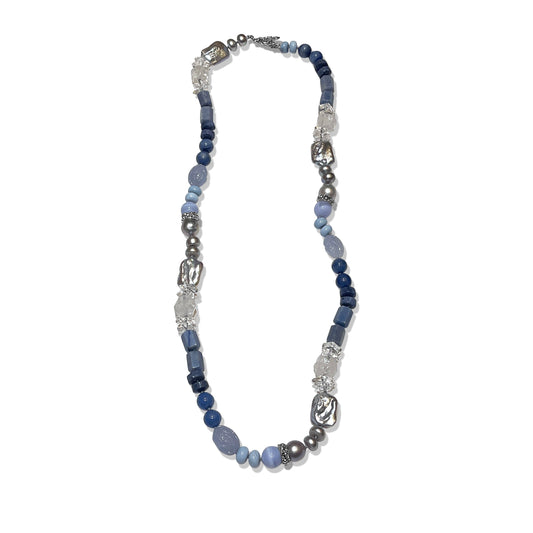 Terraquatic Opal Aventurine Coral Blue Lace Agate Chalcedony Natural Quartz and Multi-hued Pearl Necklace in Sterling Silver