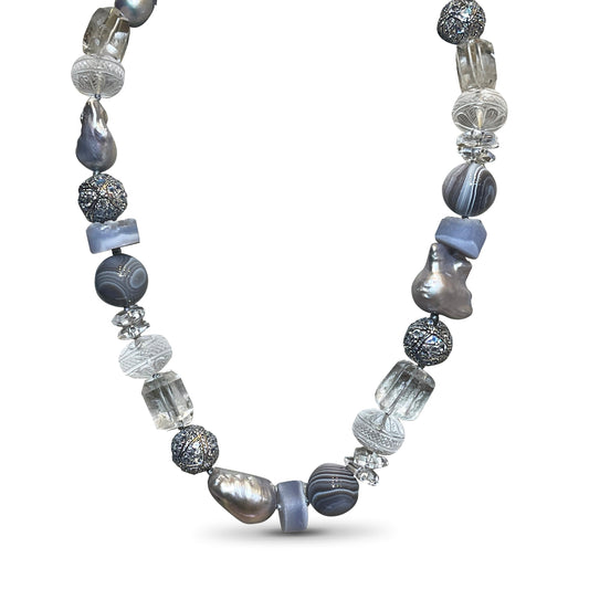 Terraquatic Blue Lace Agate Lodolite Botswana Agate Natural Quartz and Multi-hued Pearl Necklace in Sterling Silver