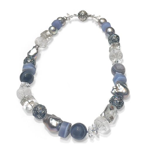 Terraquatic Blue Lace Agate Lodolite Botswana Agate Natural Quartz and Multi-hued Pearl Necklace in Sterling Silver