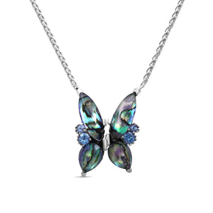 Terraquatic Faceted Natural Quartz Abalone and Blue Topaz Butterfly Pendant in Sterling Silver
