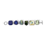 One of a Kind Blue Topaz, Azurit, Blue Peacock,Tourmaline Rough, Blister Pearl and Green Amethyst Facet Bracelet in Sterling Silver with 18K Gold Adam Bug