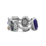 One of a Kind Blue Topaz, Azurit, Blue Peacock,Tourmaline Rough, Blister Pearl and Green Amethyst Facet Bracelet in Sterling Silver with 18K Gold Adam Bug