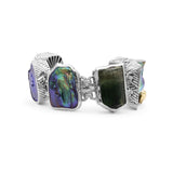 One of a Kind Blue Topaz, Azurit, Blue Peacock,Tourmaline Rough, Blister Pearl and Green Amethyst Facet Bracelet in Sterling Silver with 18K Gold Adam Bug