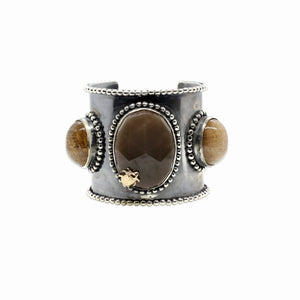 One of a Kind Moonstone Rutilated Quartz Beaded Cuff in Sterling Silver with 18K Gold Adam