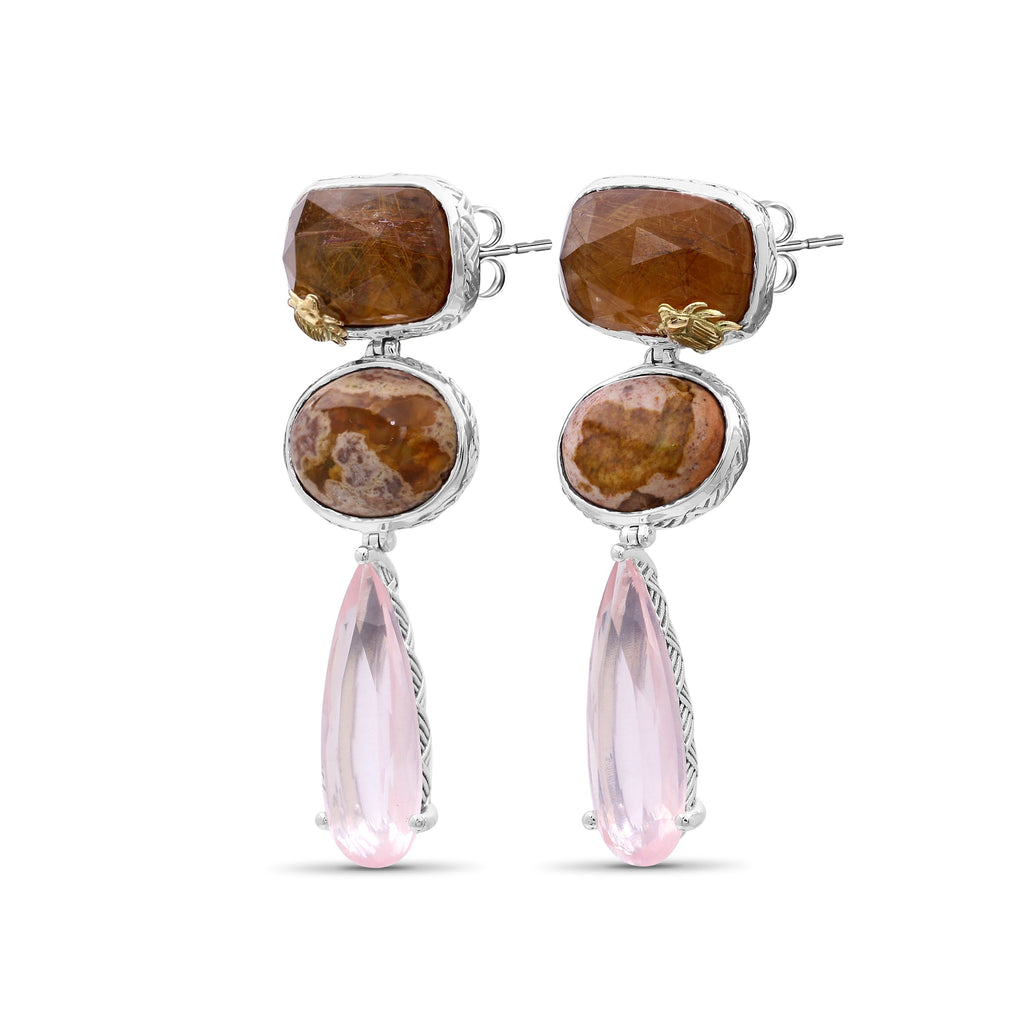 One of a Kind 31.00ct Red Hair Rutilated Quartz Fire Opal and Rose Quartz Earrings in Sterling Silver with 18K Gold Adam