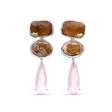 One of a Kind 31.00ct Red Hair Rutilated Quartz Fire Opal and Rose Quartz Earrings in Sterling Silver with 18K Gold Adam