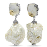 One of a Kind Natural Quartz Mother Pearl and Hand Carved Baroque Pearl Earrings in Sterling Silver with 18K Gold Adam