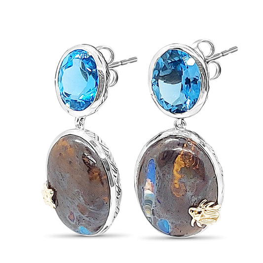 One of a Kind London Blue Topaz and Yowah Opal Earrings in Sterling Silver with 18K Gold Adam