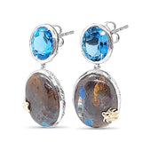 One of a Kind London Blue Topaz and Yowah Opal Earrings in Sterling Silver with 18K Gold Adam