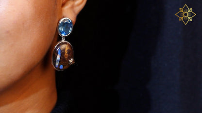 One of a Kind London Blue Topaz and Yowah Opal Earrings in Sterling Silver with 18K Gold Adam
