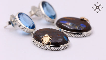 One of a Kind London Blue Topaz and Yowah Opal Earrings in Sterling Silver with 18K Gold Adam
