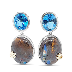 One of a Kind London Blue Topaz and Yowah Opal Earrings in Sterling Silver with 18K Gold Adam