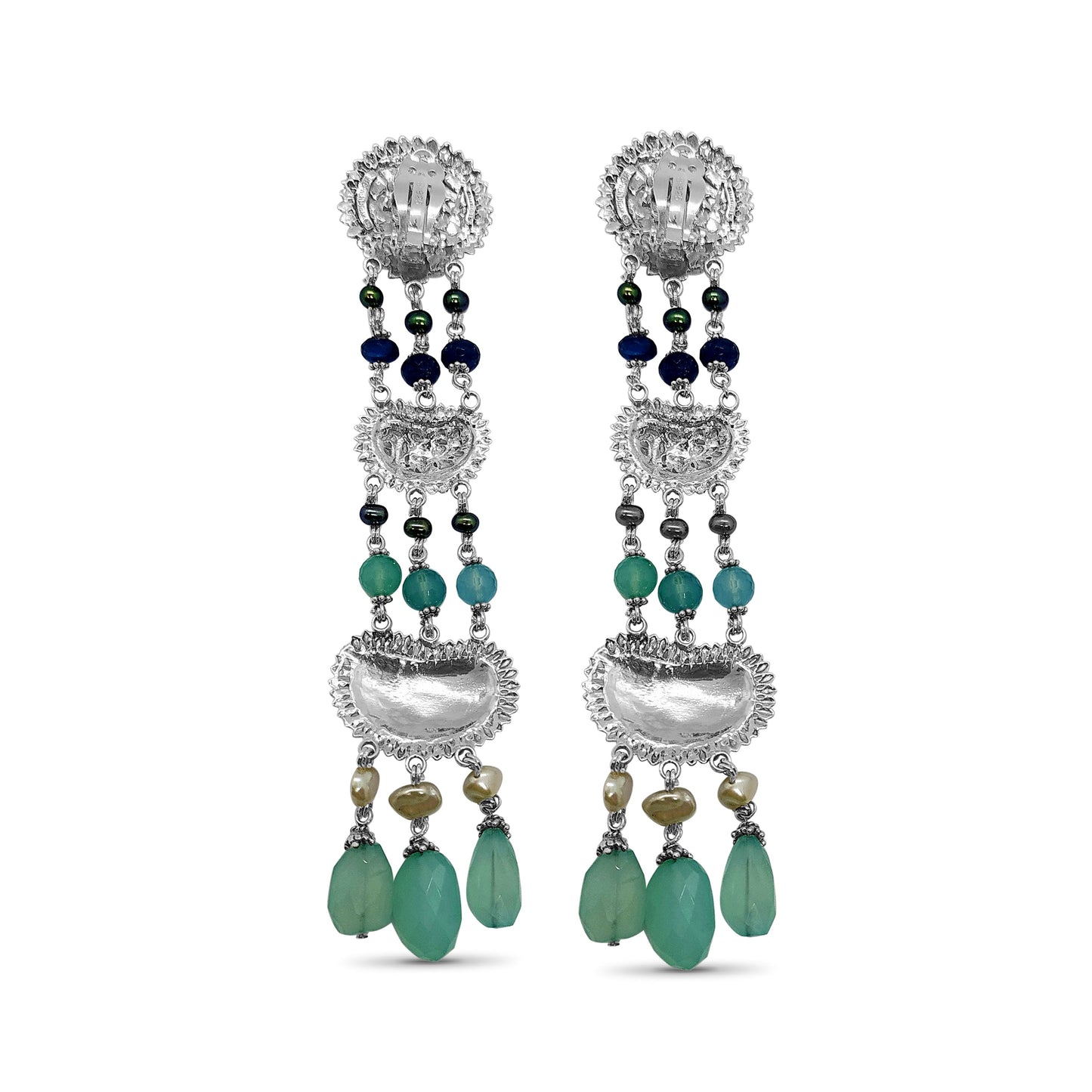 One of a Kind Chalcedony, Pearl, Apetite Drop Earrings in Sterling Silver