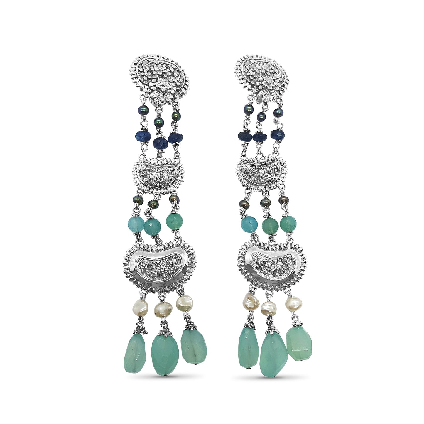 One of a Kind Chalcedony, Pearl, Apetite Drop Earrings in Sterling Silver