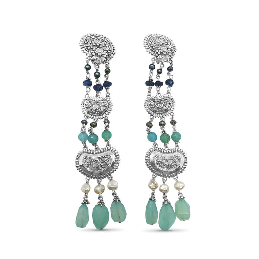 One of a Kind Chalcedony, Pearl, Apetite Drop Earrings in Sterling Silver