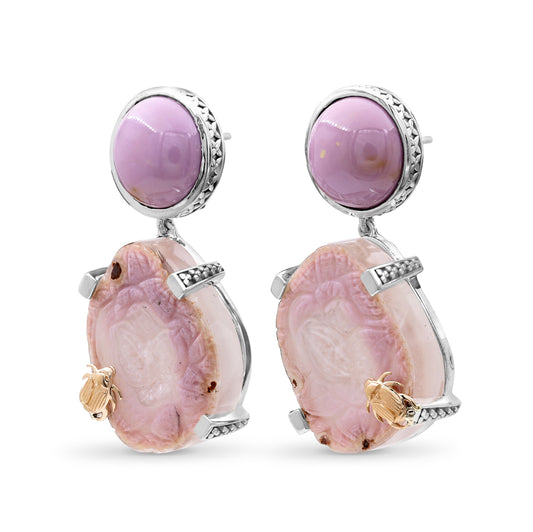 One of a Kind Phosphosiderite Hand Carved Agate and Natural Quartz Earrings with 18K Gold Adam