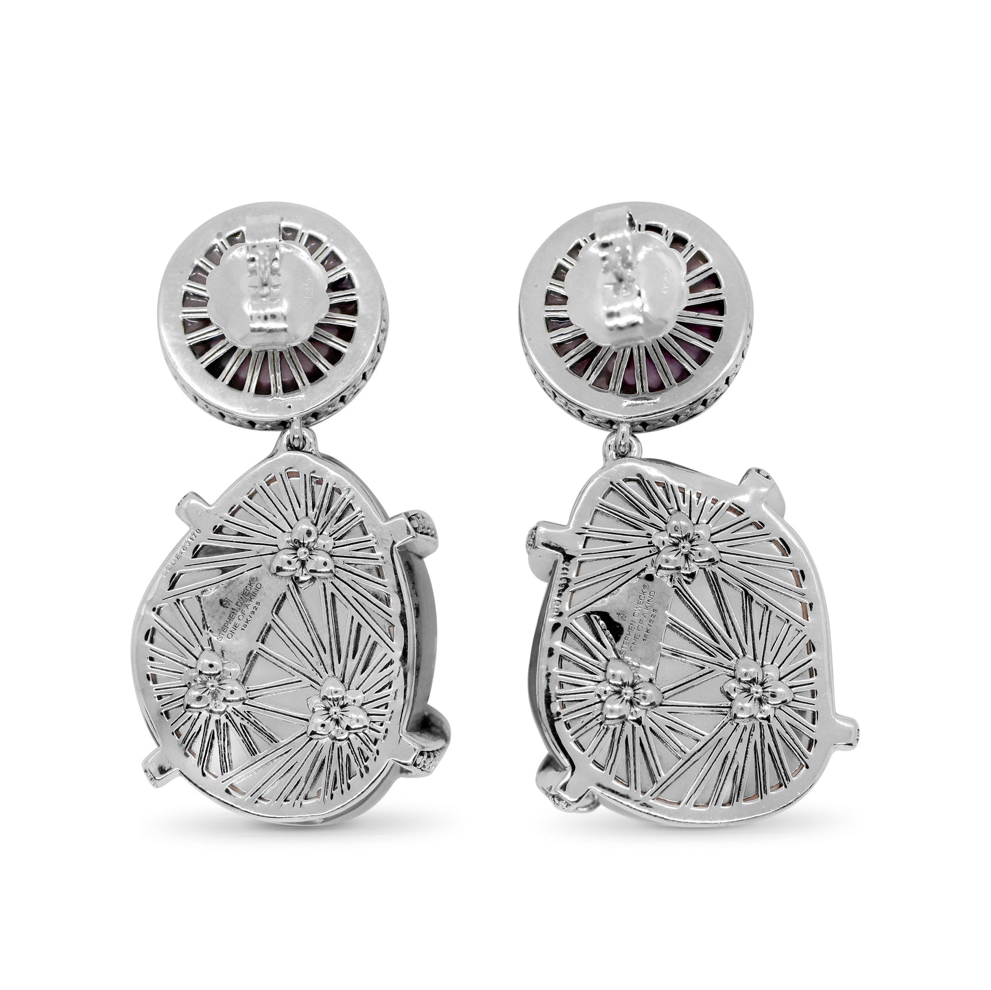 One of a Kind Phosphosiderite Hand Carved Agate and Natural Quartz Earrings with 18K Gold Adam