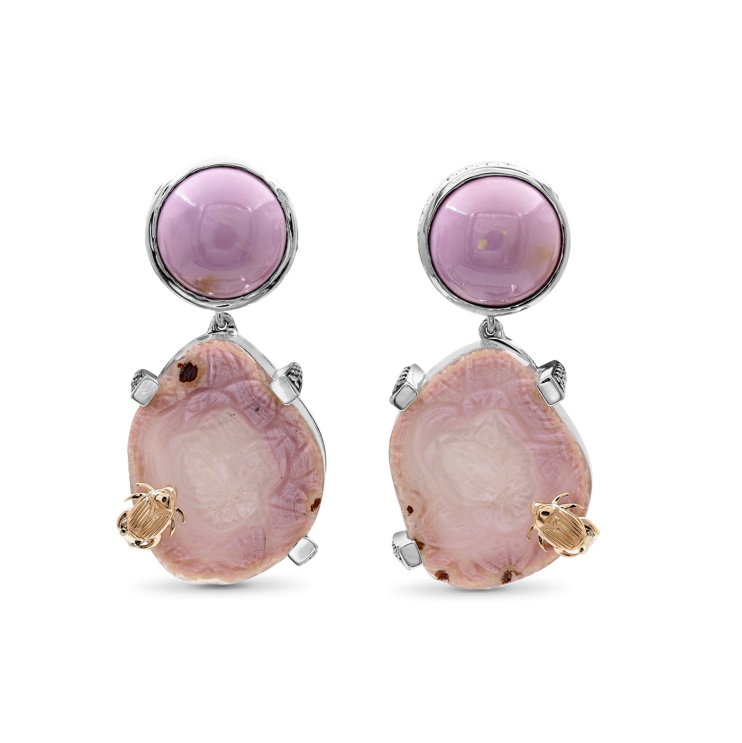 One of a Kind Phosphosiderite Hand Carved Agate and Natural Quartz Earrings with 18K Gold Adam