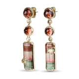 Luxury Tourmaline Carved, Tourmaline Pink Bi-Color Tourmaline and Champagne Diamond Earrings in 18K Gold with Adam Bug