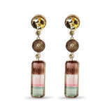 Luxury Tourmaline Carved, Tourmaline Pink Bi-Color Tourmaline and Champagne Diamond Earrings in 18K Gold with Adam Bug