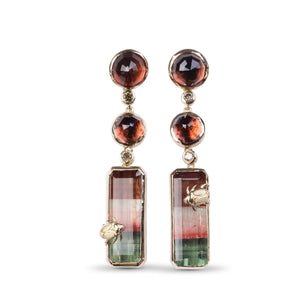 Luxury Tourmaline Carved, Tourmaline Pink Bi-Color Tourmaline and Champagne Diamond Earrings in 18K Gold with Adam Bug