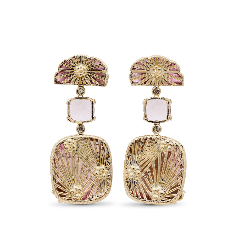 Luxury Hand Carved Pink Tourmaline 84ct Morganite 11ct and Diamond 0.65ct Earrings in 18K Gold with 18K Diamond Pave Adam