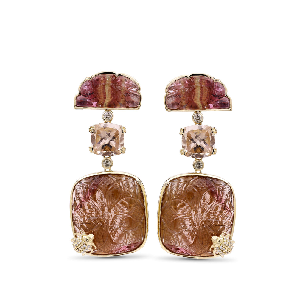Luxury Hand Carved Pink Tourmaline 84ct Morganite 11ct and Diamond 0.65ct Earrings in 18K Gold with 18K Diamond Pave Adam