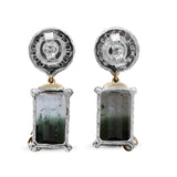 One of a Kind Rutilated Blue Quartz Bicolor Tourmaline and Diamond Earrings in Sterling Silver with 18K Gold Flowers and 18K Gold Adam