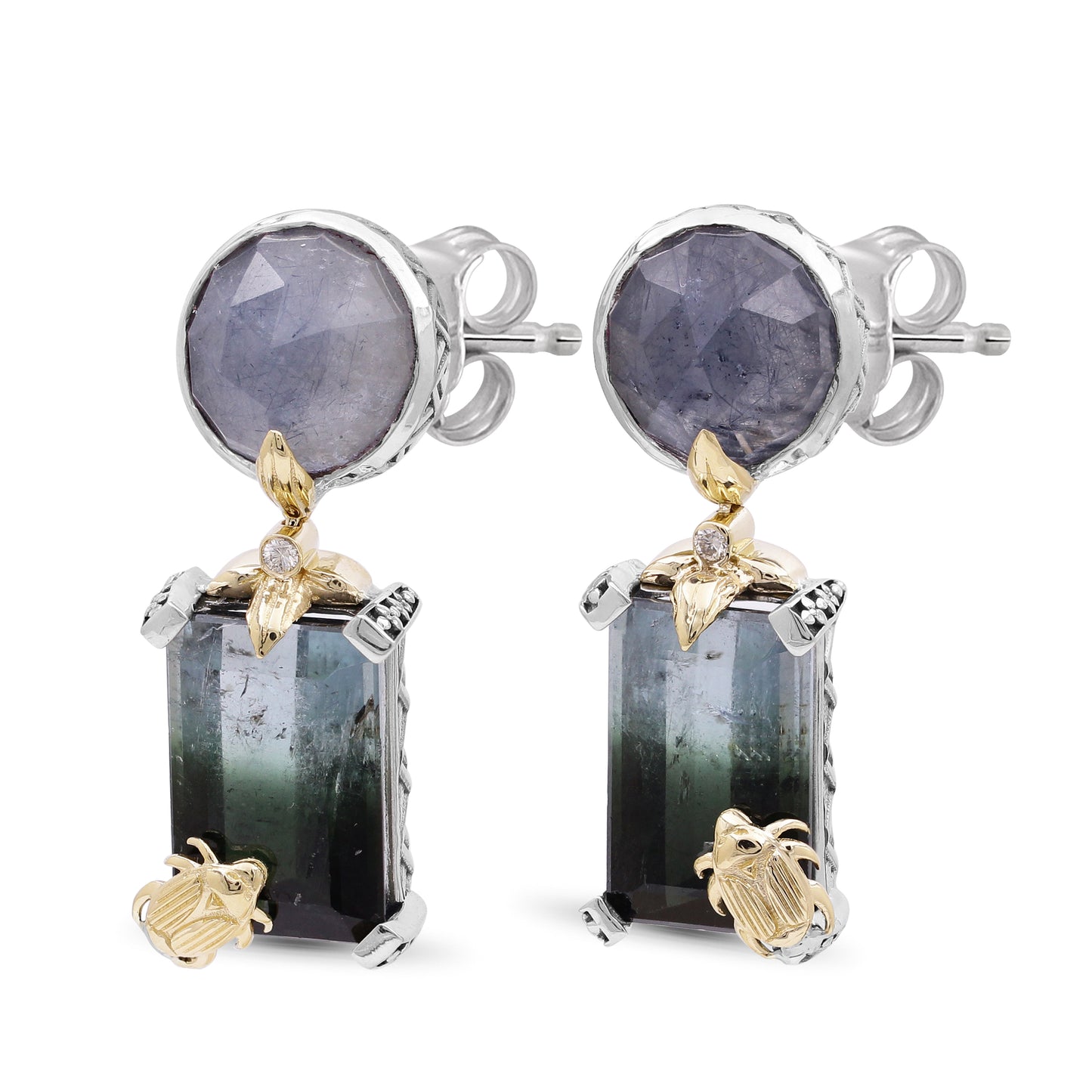 One of a Kind Rutilated Blue Quartz Bicolor Tourmaline and Diamond Earrings in Sterling Silver with 18K Gold Flowers and 18K Gold Adam