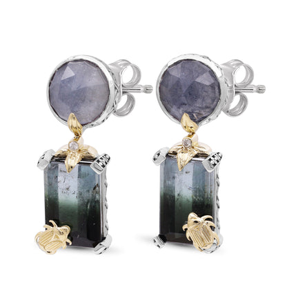 One of a Kind Rutilated Blue Quartz Bicolor Tourmaline and Diamond Earrings in Sterling Silver with 18K Gold Flowers and 18K Gold Adam