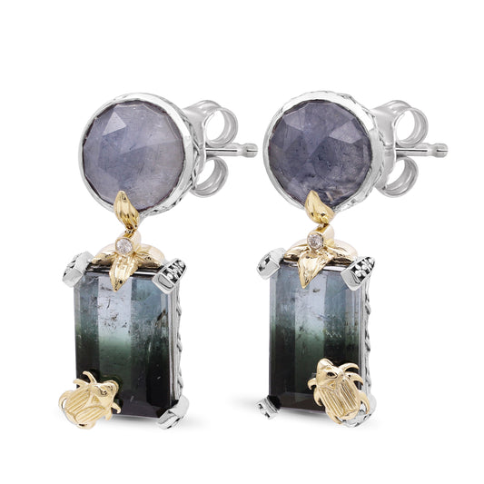 One of a Kind Rutilated Blue Quartz Bicolor Tourmaline and Diamond Earrings in Sterling Silver with 18K Gold Flowers and 18K Gold Adam