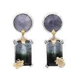 One of a Kind Rutilated Blue Quartz Bicolor Tourmaline and Diamond Earrings in Sterling Silver with 18K Gold Flowers and 18K Gold Adam