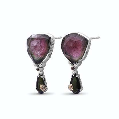 One of a Kind Watermelon Tourmaline Green Tourmaline 18K Gold Bezel and Diamond 0.15ct Earrings in Sterling Silver with 18K Gold Diamond Pave Adam