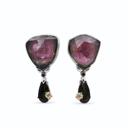 One of a Kind Watermelon Tourmaline Green Tourmaline 18K Gold Bezel and Diamond 0.15ct Earrings in Sterling Silver with 18K Gold Diamond Pave Adam