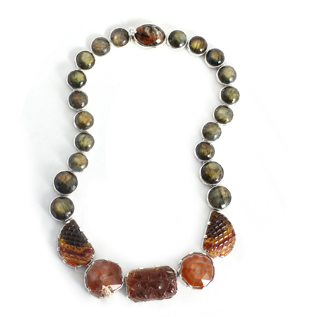 One of a Kind Hand Carved Smoky Quartz Natural Quartz Stalactite Hand Carved Tourmaline Faceted Labradorite and Lodolite Necklace in Sterling Silver with 18K Gold Adam