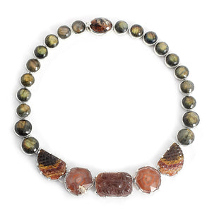 One of a Kind Hand Carved Smoky Quartz Natural Quartz Stalactite Hand Carved Tourmaline Faceted Labradorite and Lodolite Necklace in Sterling Silver with 18K Gold Adam