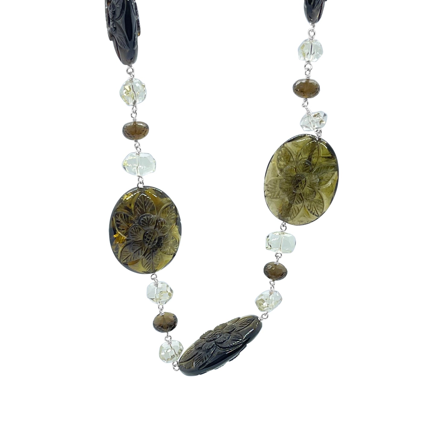 One of a Kind Hand Carved Tourmaline and Faceted Quartz Beaded Necklace in Sterling Silver