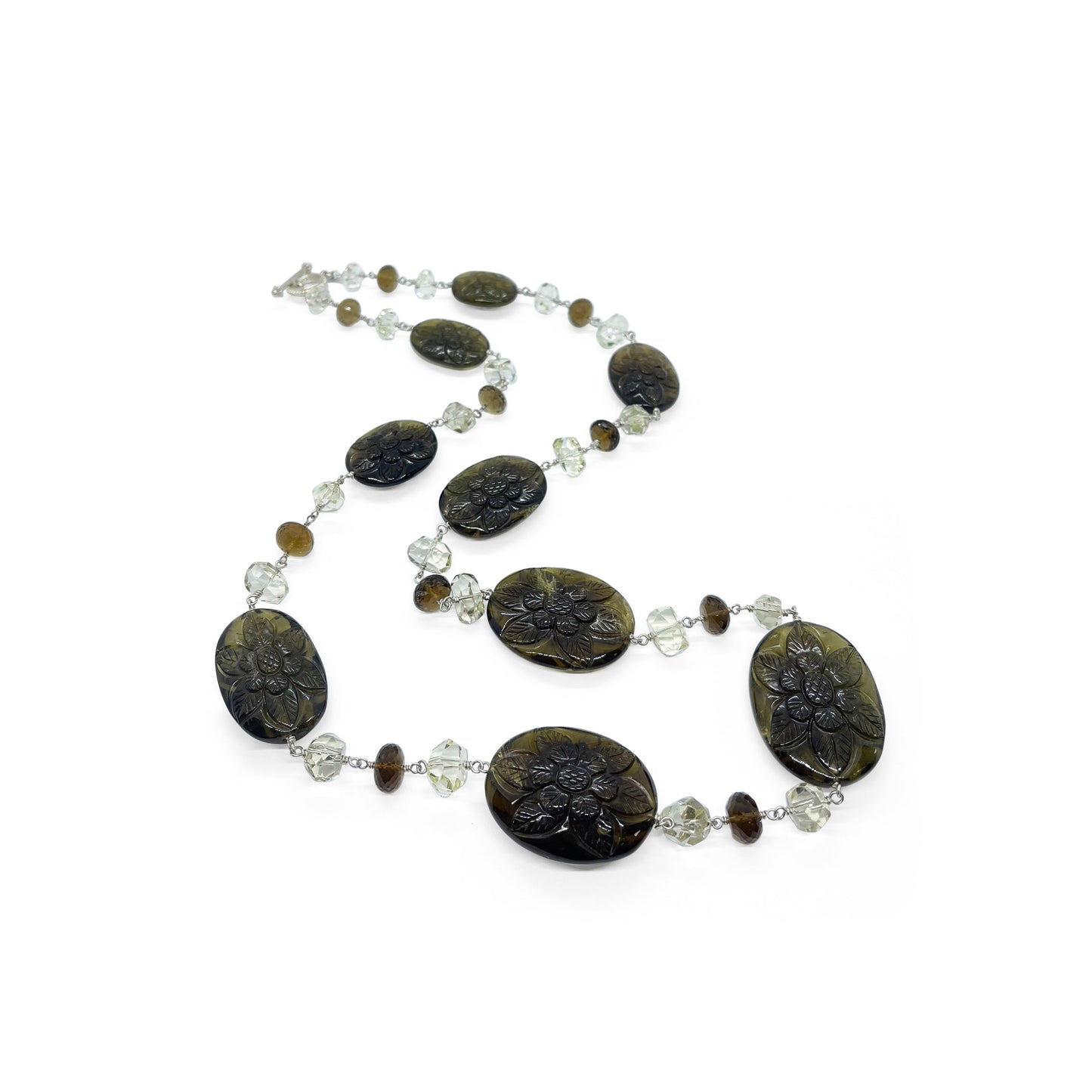 One of a Kind Hand Carved Tourmaline and Faceted Quartz Beaded Necklace in Sterling Silver