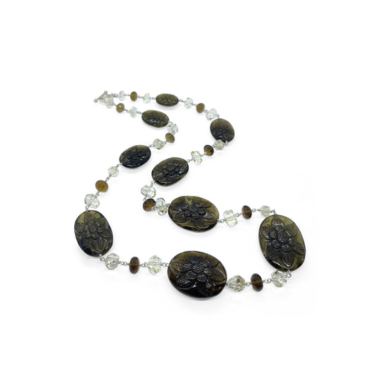 One of a Kind Hand Carved Tourmaline and Faceted Quartz Beaded Necklace in Sterling Silver
