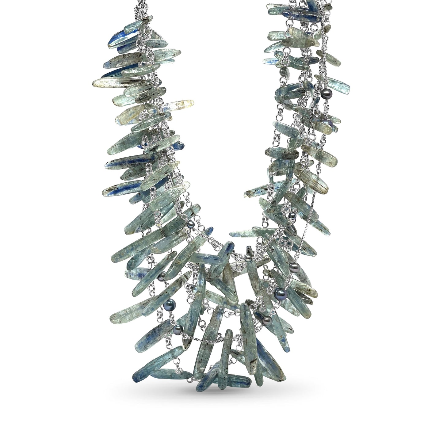 One of a Kind 5-Strand Graduated Kyanite Petal and Pearl Necklace in Sterling Silver